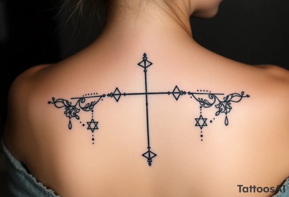 Thin christian cross, surrounded by geometrics ornaments tattoo idea