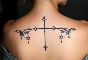 Thin christian cross, surrounded by geometrics ornaments tattoo idea
