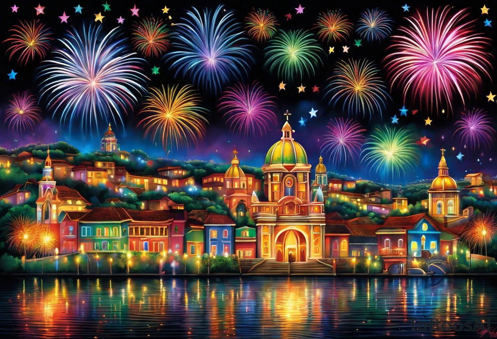 Fireworks burst across the night sky, surrounded by glowing candles and stars, capturing the magic and nostalgia of Colombian December nights. The scene is vibrant with multi-colored lights and an air of celebration. Soft linework mist or halos around the fireworks adds a magical, dreamy quality to the scene. The tattoo reflects joy and tradition, with an emphasis on warmth and festivity. tattoo idea