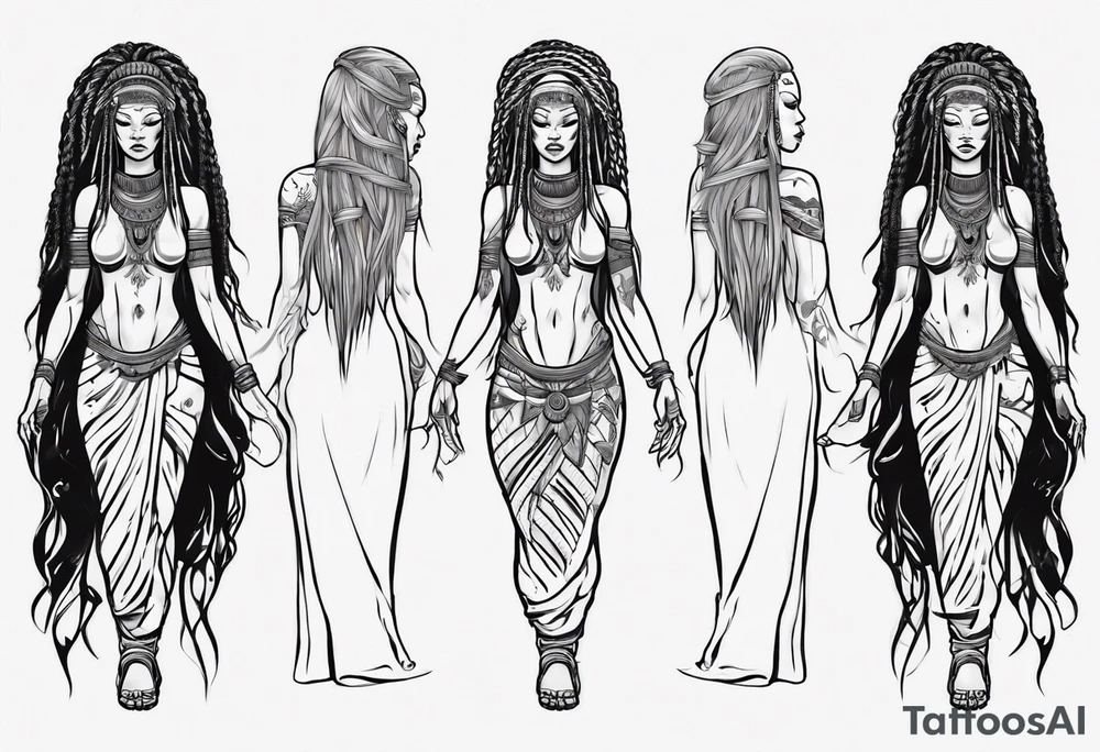 African female valkyre full body angelic
slim long face long braided hair descending from heaven tattoo idea