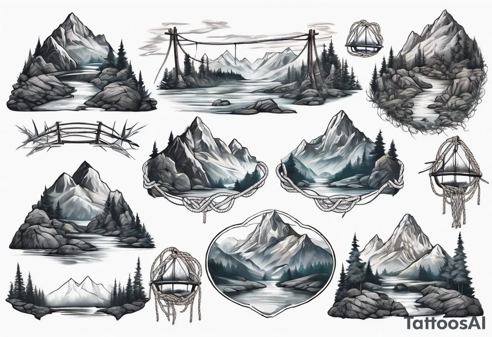 mountain landscape with a rope bridge connecting mountains tattoo idea