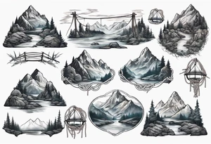 mountain landscape with a rope bridge connecting mountains tattoo idea