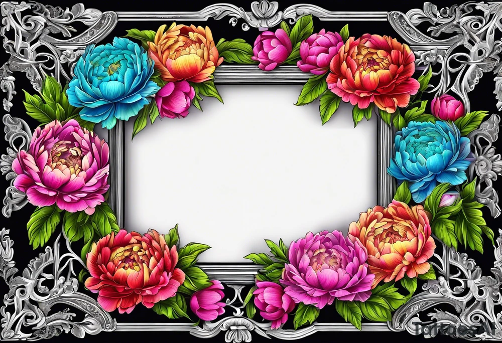 neon colorful peonies,neon colored, surrounding on the outside of a empty beautiful intricate rounded victorian style empty picture frame with filigree tattoo idea