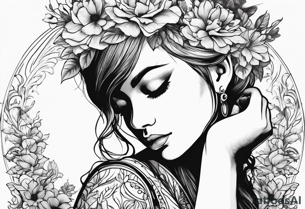 silhouette of a girl with a head of flowers , kneeling tattoo idea