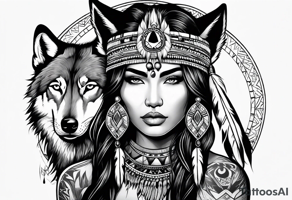 Native American woman with a wolf tattoo idea