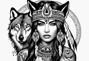Native American woman with a wolf tattoo idea
