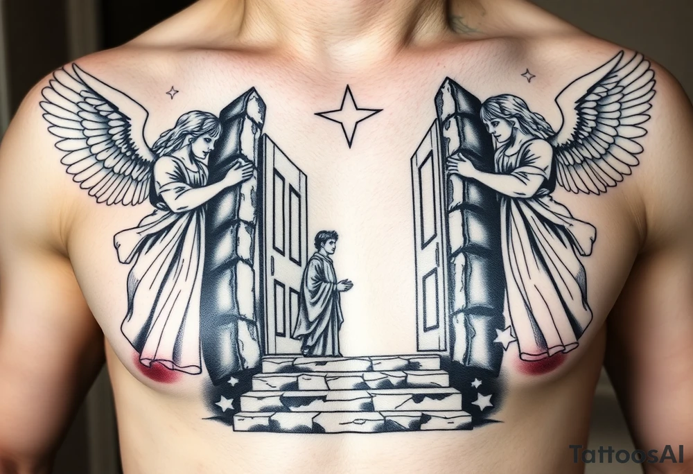 3 angels holding open the gates of heaven with the male figure walking up the steps.Saying fly high baby boy Realistic angels tattoo idea