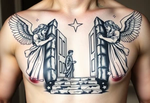 3 angels holding open the gates of heaven with the male figure walking up the steps.Saying fly high baby boy Realistic angels tattoo idea