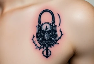 A black gothic-style lock with silver skull details, with a matching key entwined in thorny vines tattoo idea