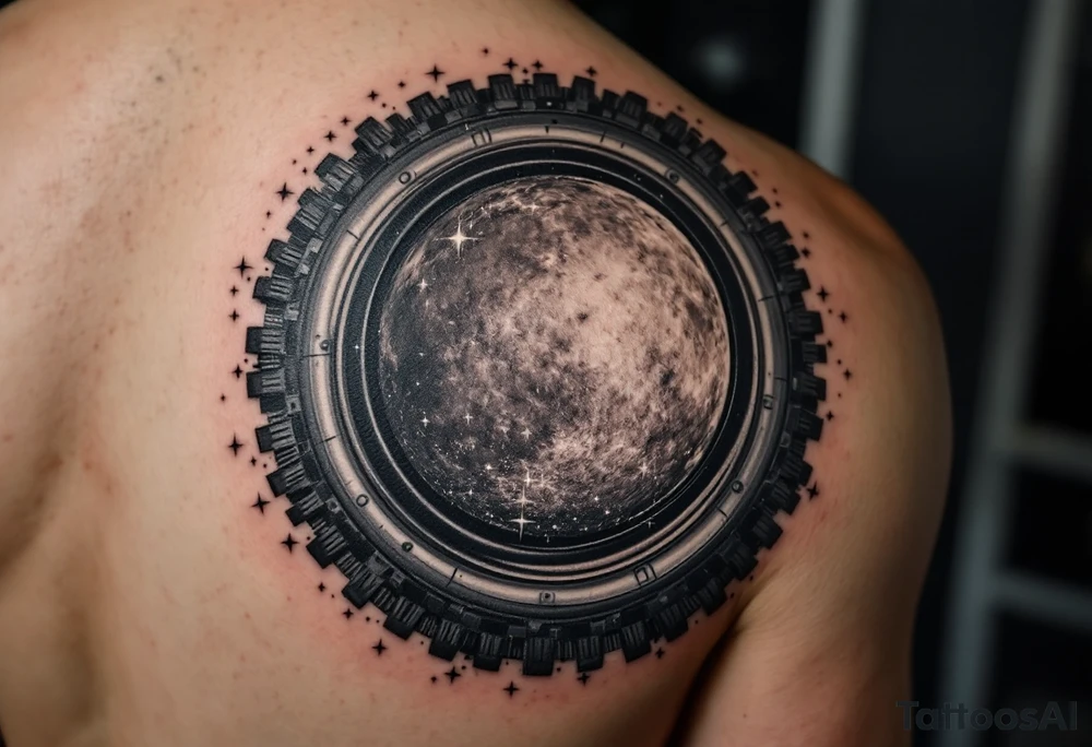 A bike tire forming the moon, with a dark background and the moon in shades of silver and white, with small twinkling stars scattered around. tattoo idea