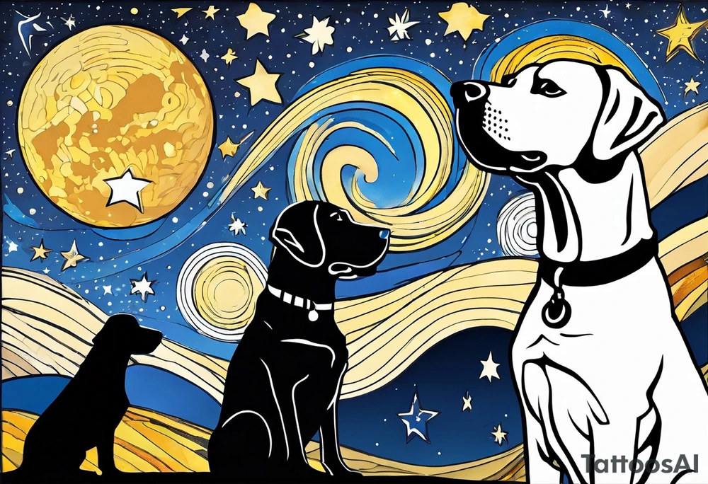 A silhouette of a labrador retriever, a german shephard, a beagle, and an adult human male, looking up at a night sky with galaxies comets and other space elements in the style of Van Gogh Starry Night. Must fit on an upper arm. tattoo idea