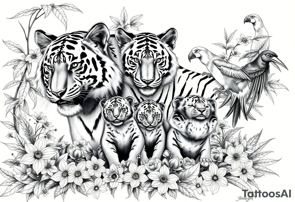 Beautiful, strong and fierce tiger parents with their 3 cubs in the jungle with flowers and macaws and birds with my children’s names “Jaiden, Jacob and Zaya” tattoo idea