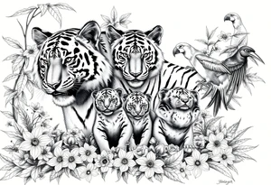 Beautiful, strong and fierce tiger parents with their 3 cubs in the jungle with flowers and macaws and birds with my children’s names “Jaiden, Jacob and Zaya” tattoo idea