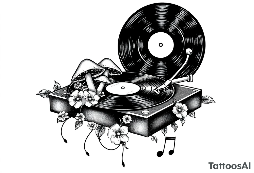 vinyl record player with mushrooms, flowers, and music notes around it tattoo idea
