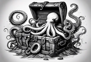 An octopus entwined around an old shipwreck or a treasure chest, evoking themes of mystery and the deep sea. tattoo idea