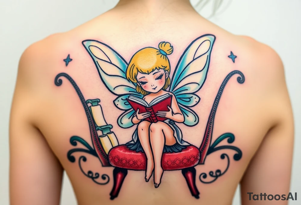 Fairy, reading a book, in a library, sitting in a chair tattoo idea