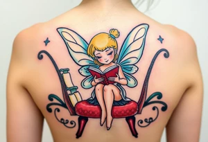 Fairy, reading a book, in a library, sitting in a chair tattoo idea