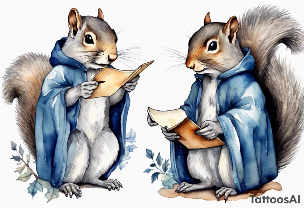 an elderly grey squirrel with a beard dressed in a grey and blue cloak writing a letter by candlelight tattoo idea