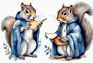an elderly grey squirrel with a beard dressed in a grey and blue cloak writing a letter by candlelight tattoo idea