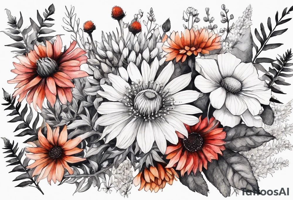 wildflowers with thistles, ferns, white flowers, cream flowers, pink flowers, burnt orange flowers, red flowers and all in watercolor tattoo idea