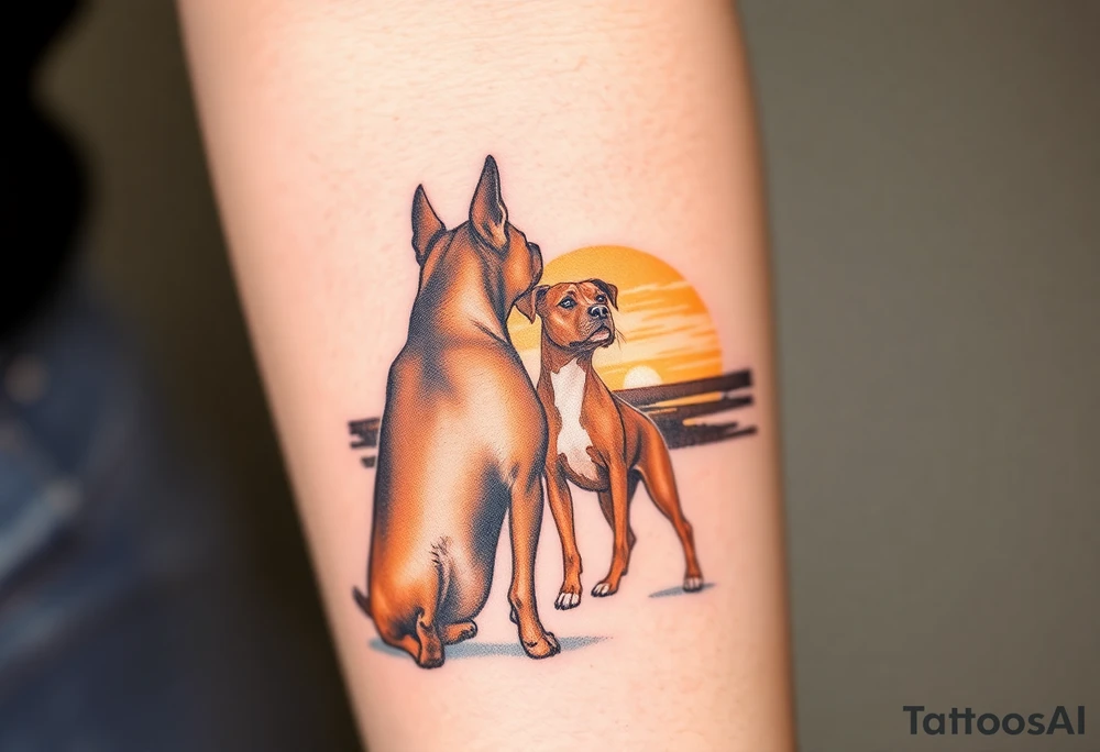 a mertle austrailian cattle dog with a tan pitbull standing look out into the sunset tattoo idea