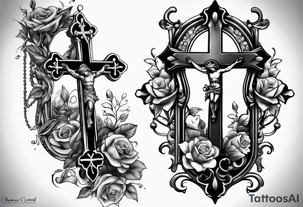 a forearm tattoo with cross and rosary around it tattoo idea