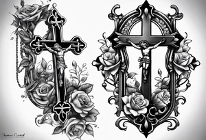 a forearm tattoo with cross and rosary around it tattoo idea