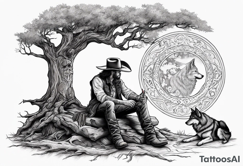 cowboy near death
 sitting in front of a fire with the tree of life behind him and a wolf and a raven tattoo idea