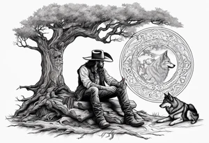 cowboy near death
 sitting in front of a fire with the tree of life behind him and a wolf and a raven tattoo idea