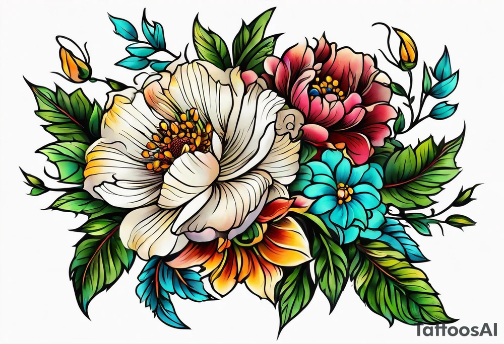 vintage colorful floral print tattoo idea