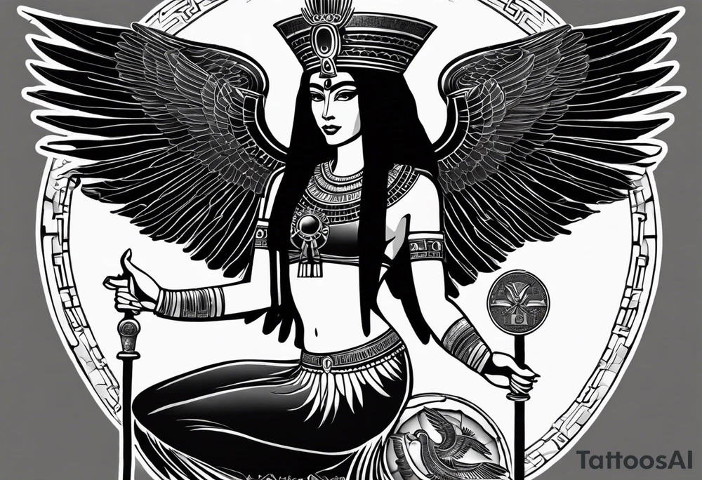 black and white Egyptian goddess Isis, who is often depicted as a woman with outstretched wings, holding an ankh (a symbol of life) in one hand and a lotus flower in the other. Her headdress often includes a throne or a solar disk. The tattoo design can vary in style and size, but it typically aims to capture the essence of this revered Egyptian deity, emphasizing her beauty, power, and maternal qualities. The choice of colors and additional elements can also be customized to create a unique and visually striking representation of the goddess Isis tattoo idea