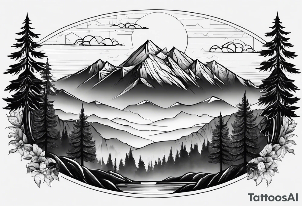 a forest along the edges where the mountains burn below and in the distance with full trees and emptiness in the middle tattoo idea