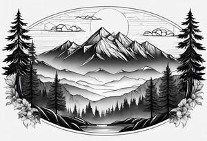 a forest along the edges where the mountains burn below and in the distance with full trees and emptiness in the middle tattoo idea