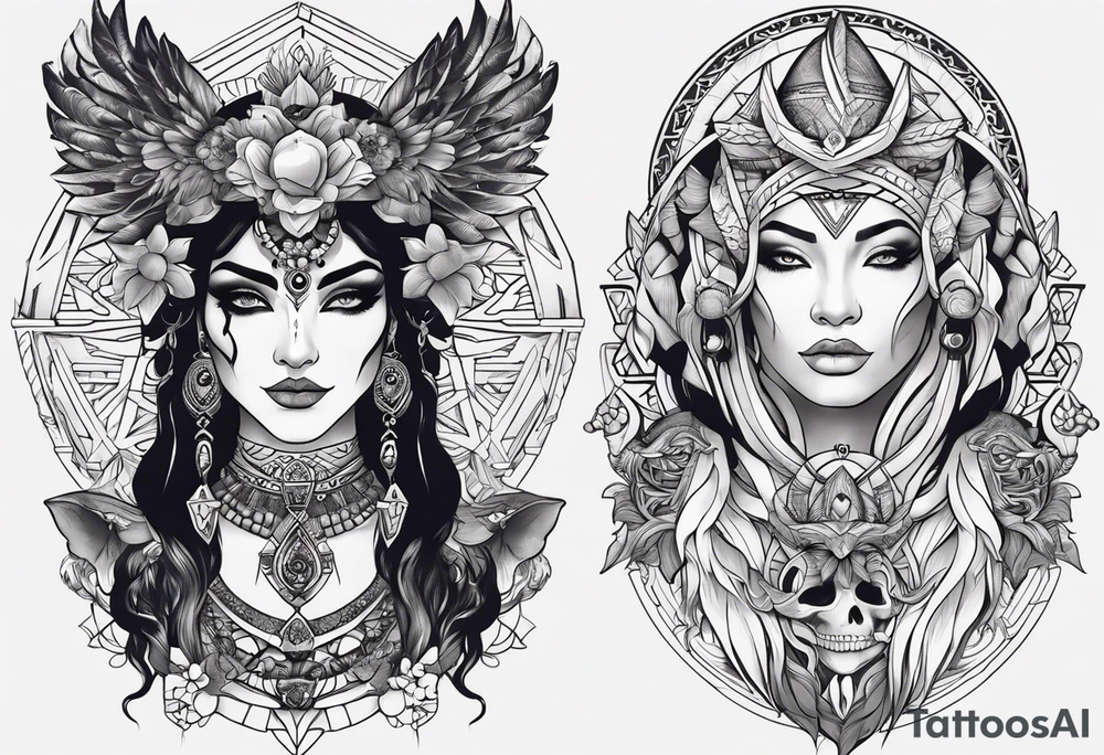 kali ma, alien goddess, valkrye, aries, pirate, divine feminine, zenza resonance, pachamama, lotus azul, blank panther, eagle, skull, 5D, nueva gaya, dna 12 tattoo idea