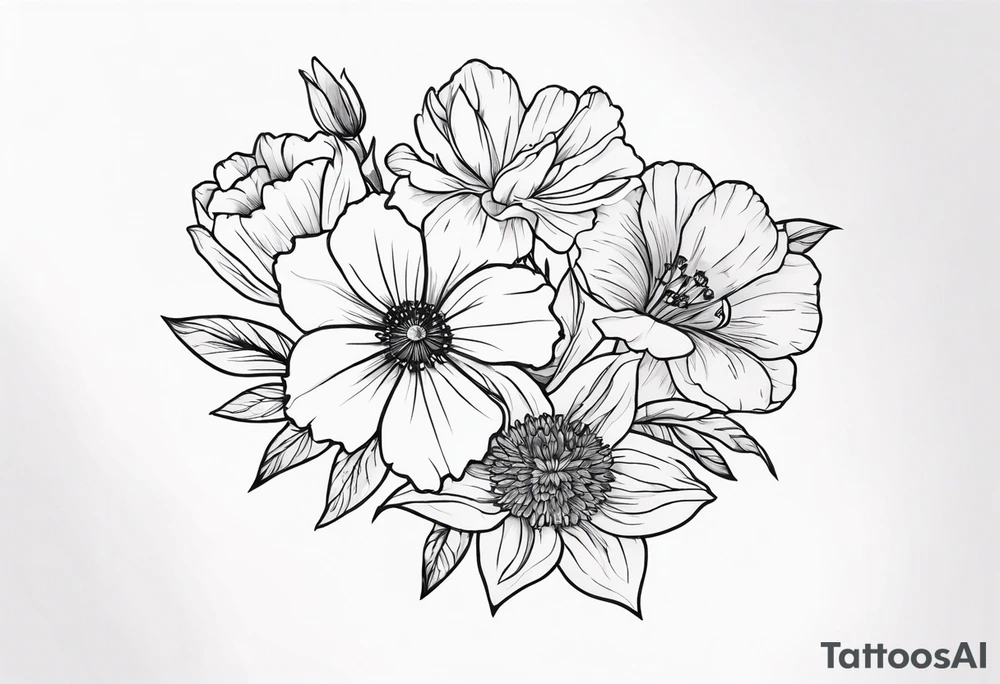small minimalist black and white tattoo of a flower bouquet that MUST include 6 DIFFERENT flowers with ONE OF EACH: a carnation, a daffodil, a lily stock, a rose, a cosmos, and a chrysanthemum. tied together with a small bow tattoo idea