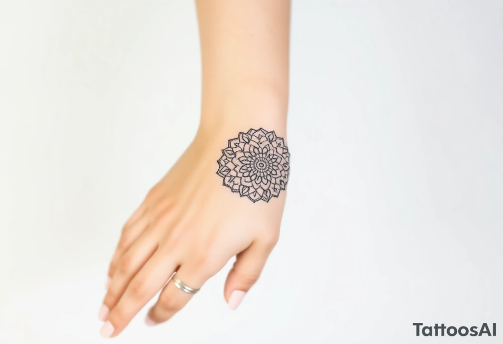 A delicate lace armband going fully around hand in a mandala style, incorporating intricate, circular details tattoo idea