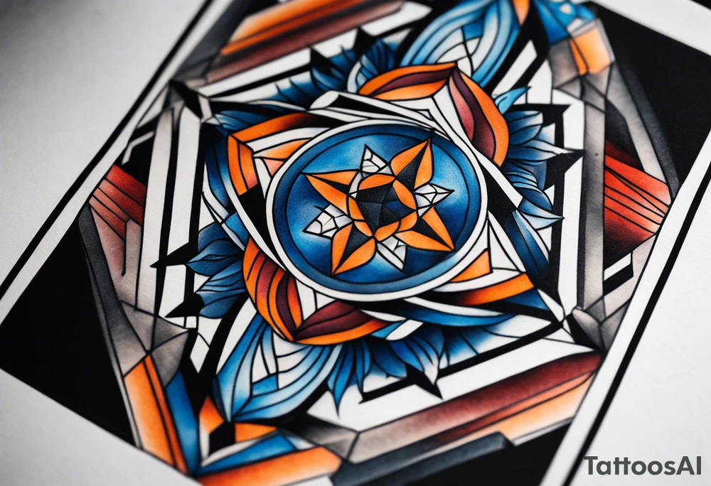 semi Detailed neo traditional knee tattoo flat on paper. The tattoo features geometric patterns and bold lines, creating a visually striking design with slight tints of deep fall colors. The a background 
outside the tattoo features deep blues washes and water swirls tattoo idea