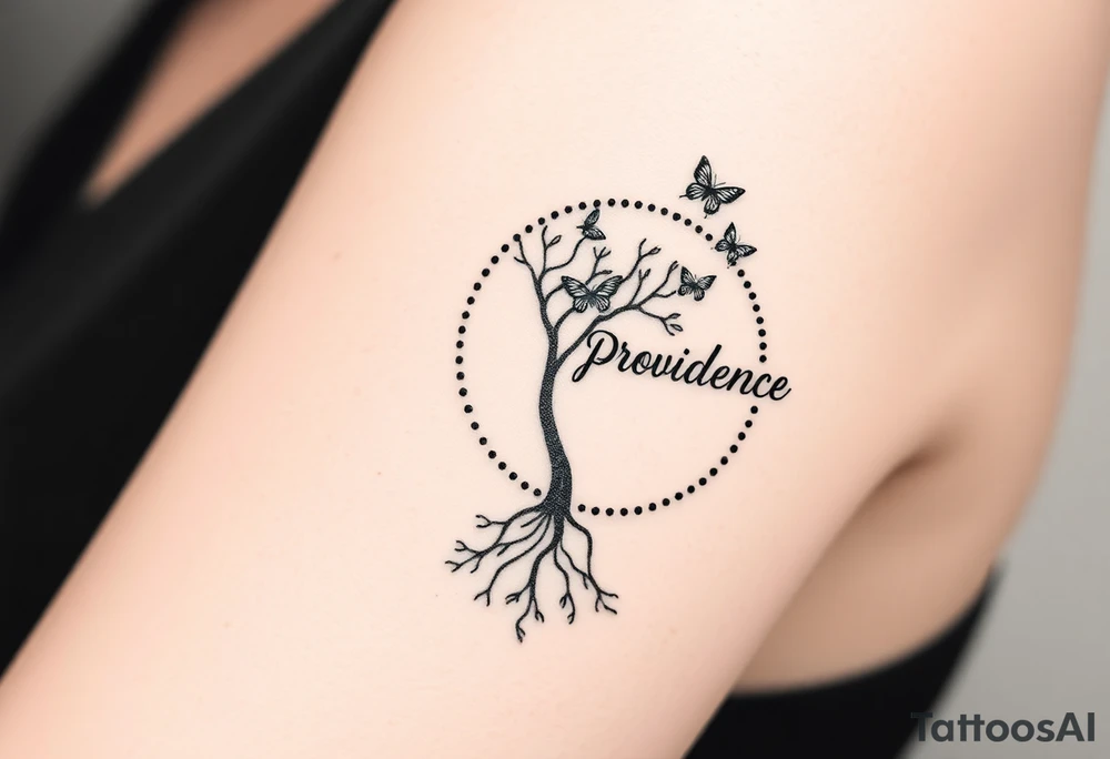 a tree of life that has small roots but its roots lead into a dotted circle with three butterflies coming out of the top right of the circle and the word “providence” is written in fancy letters on the outside of circle but curving around the circle on the left side tattoo idea
