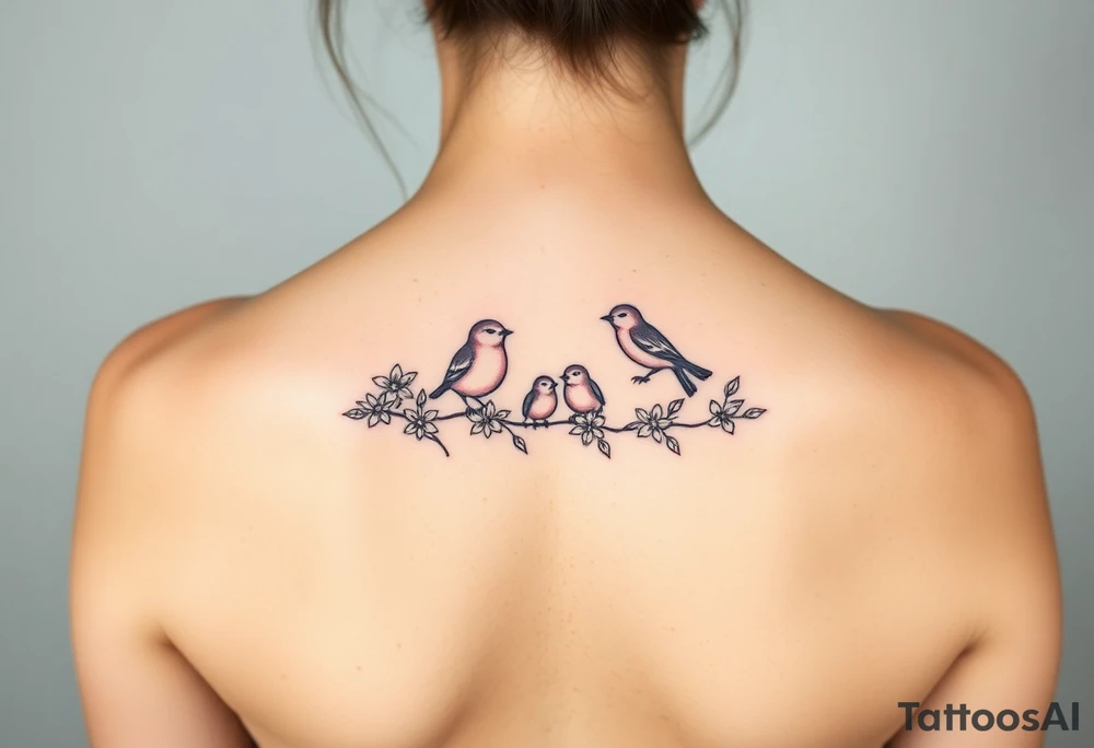 Mom bird and three baby birds with flowers tattoo idea