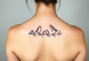 Mom bird and three baby birds with flowers tattoo idea