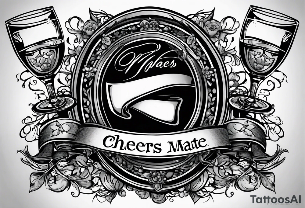 "Cheers Mate" writing black and grey ink armband, intricate, artistic +abstract +grey Cancer Ribbon +toasting bourbon glass tattoo idea