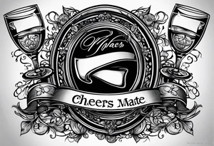 "Cheers Mate" writing black and grey ink armband, intricate, artistic +abstract +grey Cancer Ribbon +toasting bourbon glass tattoo idea