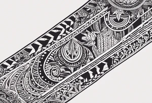 Ornement en longueur du coude à mi bras. Forme géométrique en longueur avec des signes aborigène australiens, un soleil, des vagues et des feuilles en rapport à l’Australie ou Bali. tattoo idea
