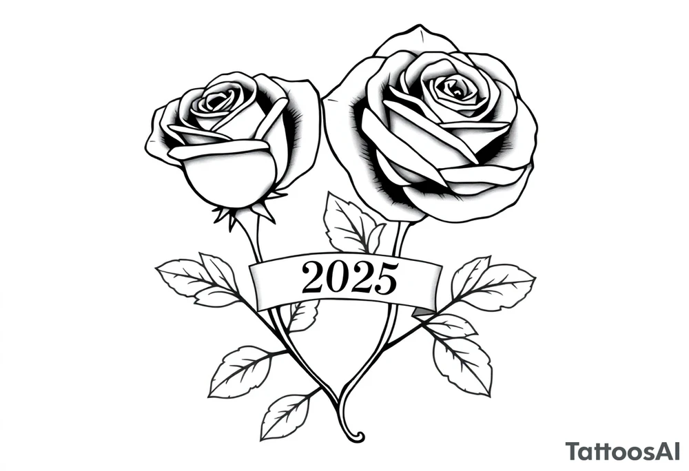 two beautiful large rose buds, one larger than the other, with many leaves next to the rose buds, with one sitting higher than the other. Include a banner connecting the two roses with the year 2025 on it.   Use dark outlines with little shading. The two stems should be short, not long, and connect and join into one stem, whimsically curved or twisted - not straight down. tattoo idea