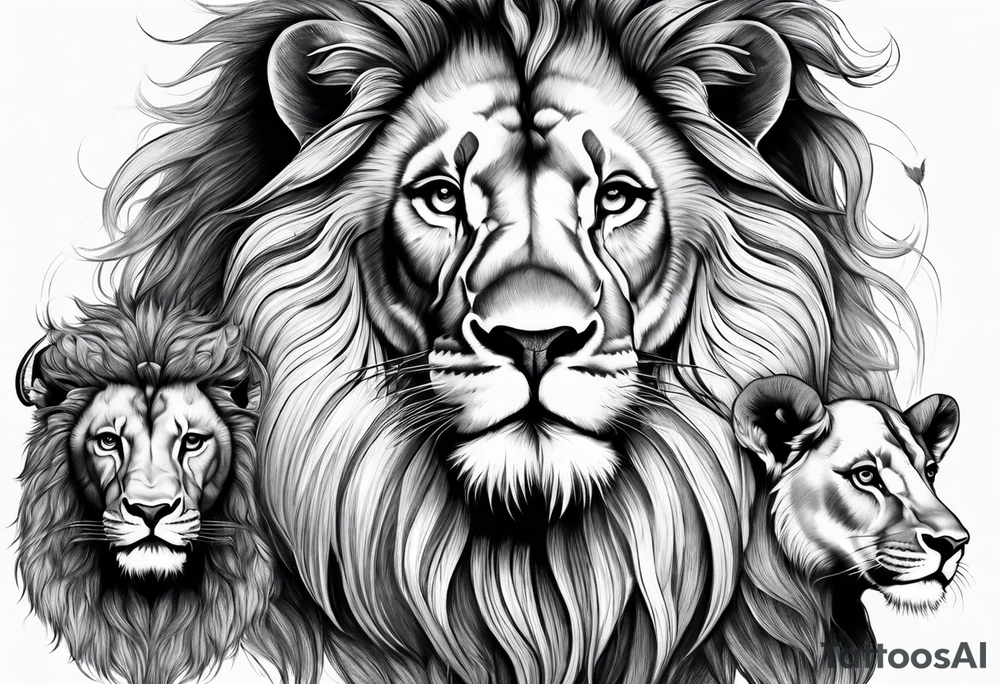 Lion with ram horns and 3 cubs tattoo idea