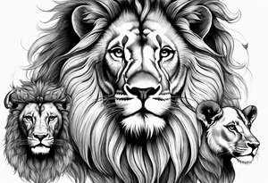 Lion with ram horns and 3 cubs tattoo idea