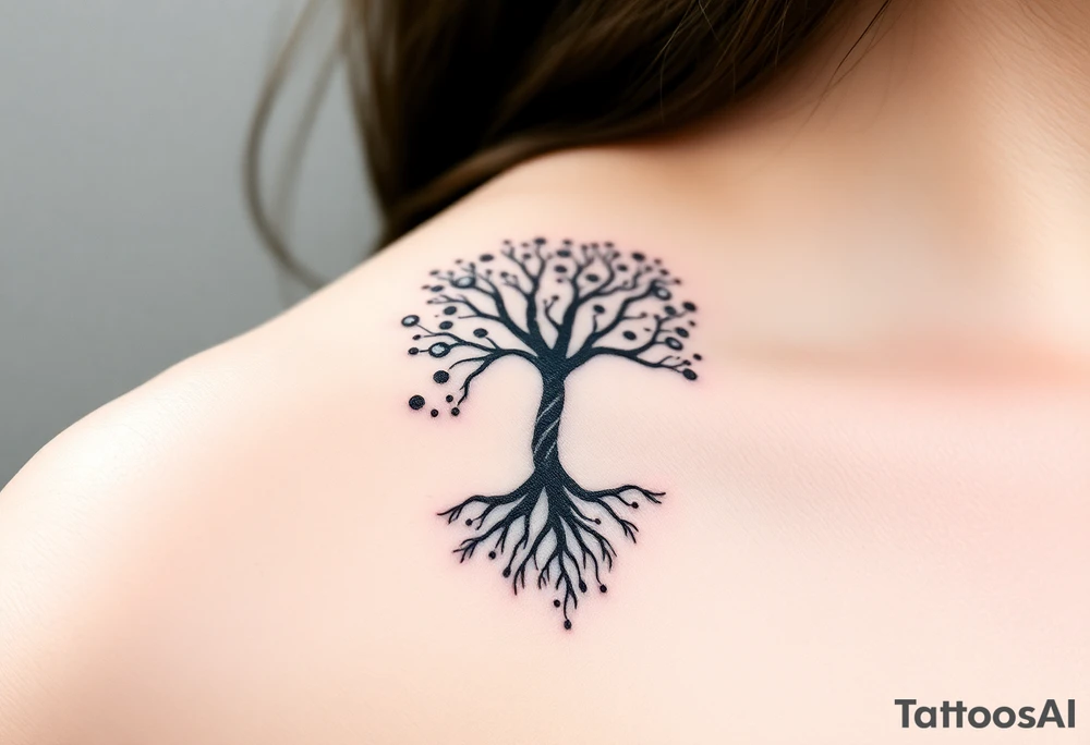 mystical tree of life with cosmic roots and celestial branches tattoo idea