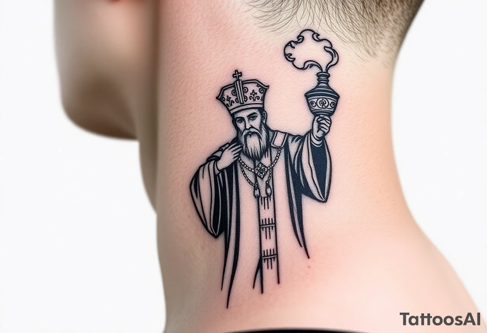 A Russian Orthodox Priest in full gold vestments swinging a censer with smoke curling upward tattoo idea