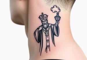 A Russian Orthodox Priest in full gold vestments swinging a censer with smoke curling upward tattoo idea