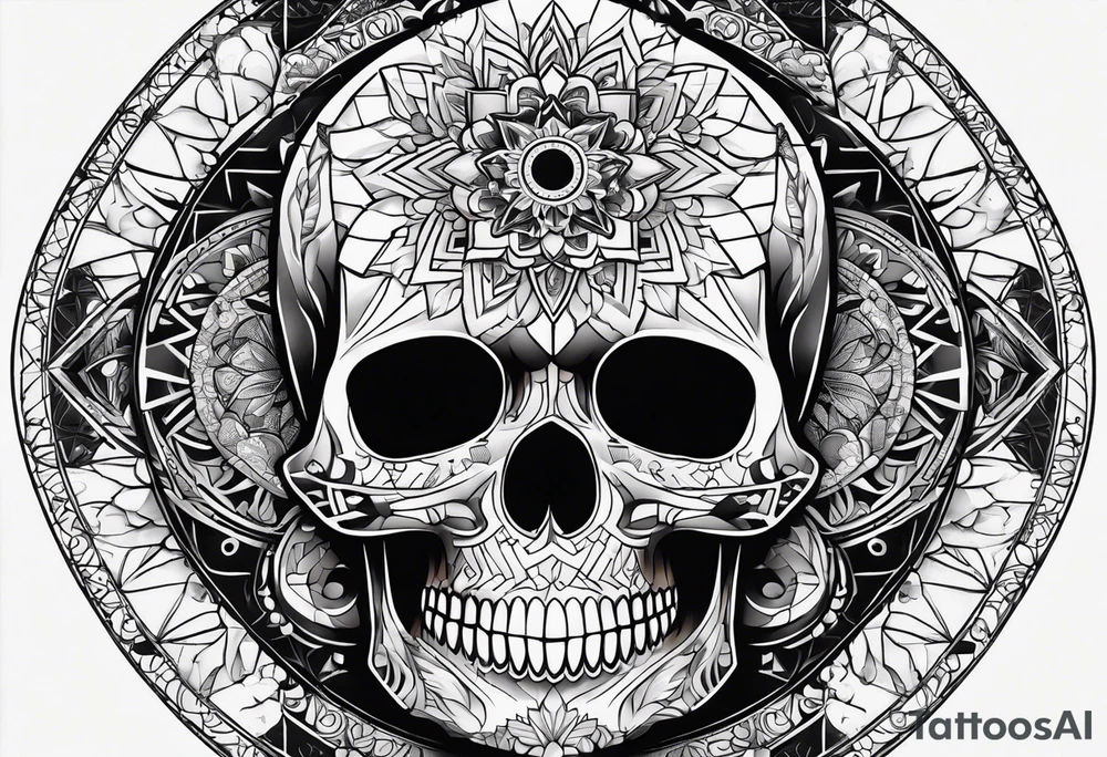 skull with geometric icons looks like a mandala tattoo idea